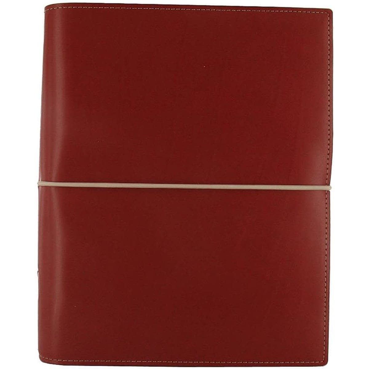 A red A5 organiser with a smooth finish, secured by a rubber band, featuring a logo on the front.