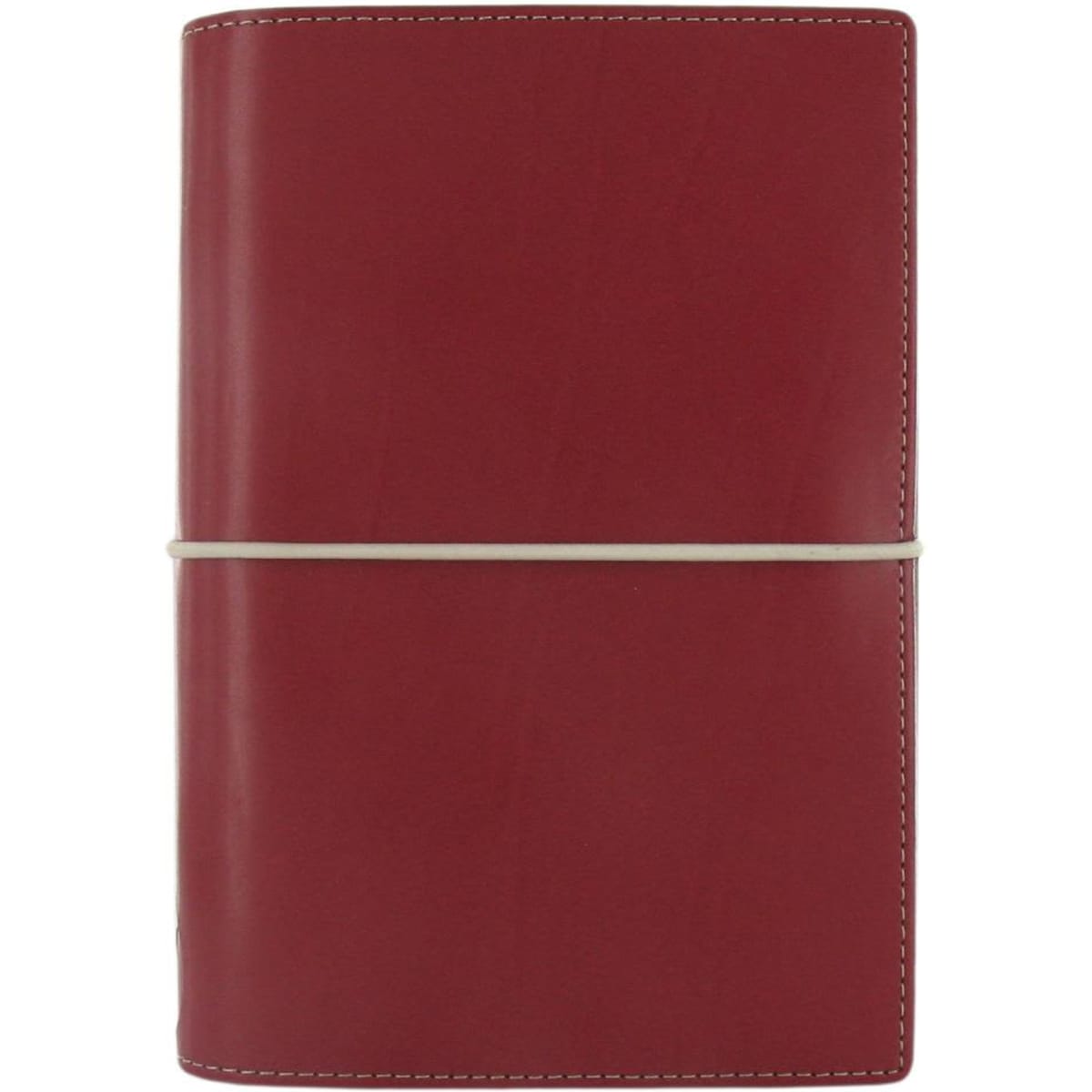 A red organiser with a smooth finish, secured with a rubber band, featuring stitching detail.