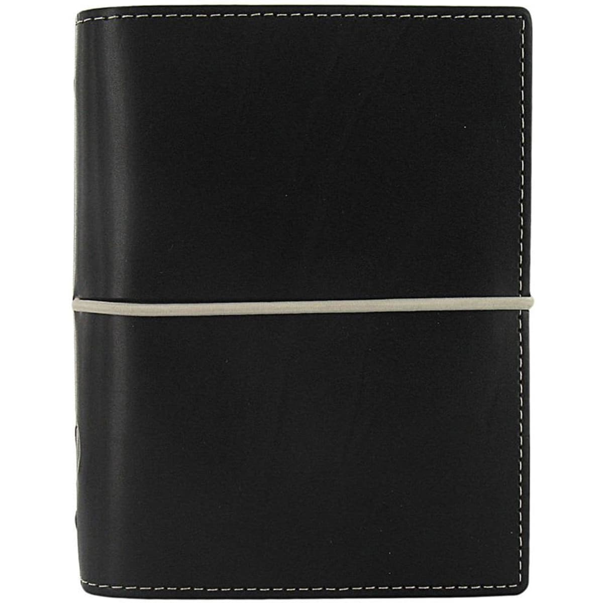 A black organiser with white stitching, featuring an elastic band closure, suitable for office and business use.