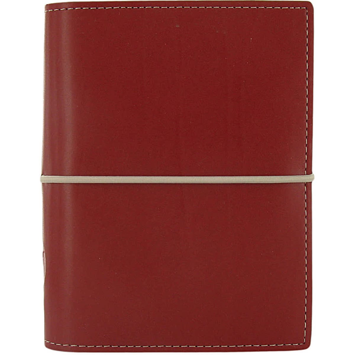 A red pencil case with a smooth finish and elastic closure, featuring a logo on the front.