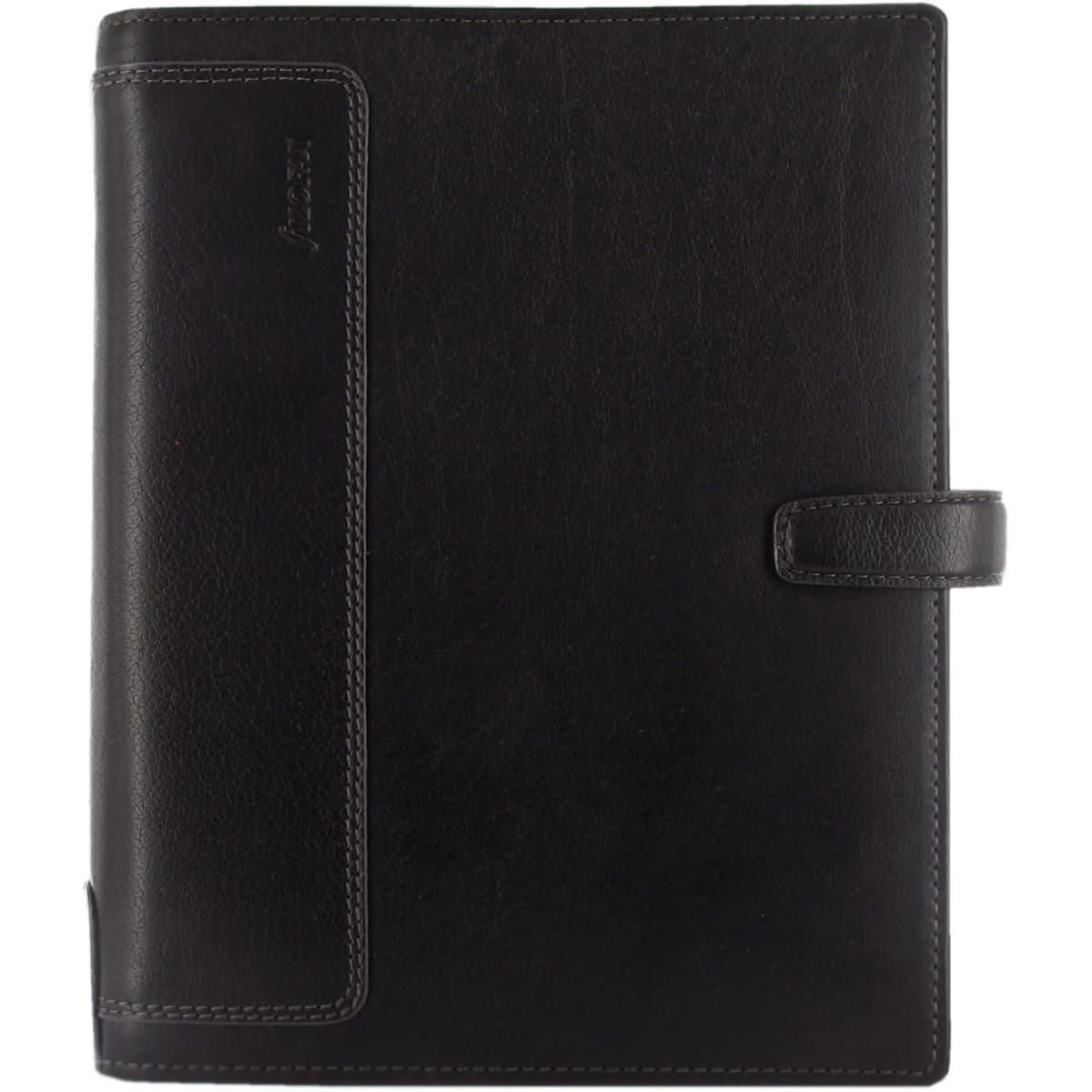 A black leather A5 organiser featuring a clasp closure and a side pocket, with a small logo on the cover.