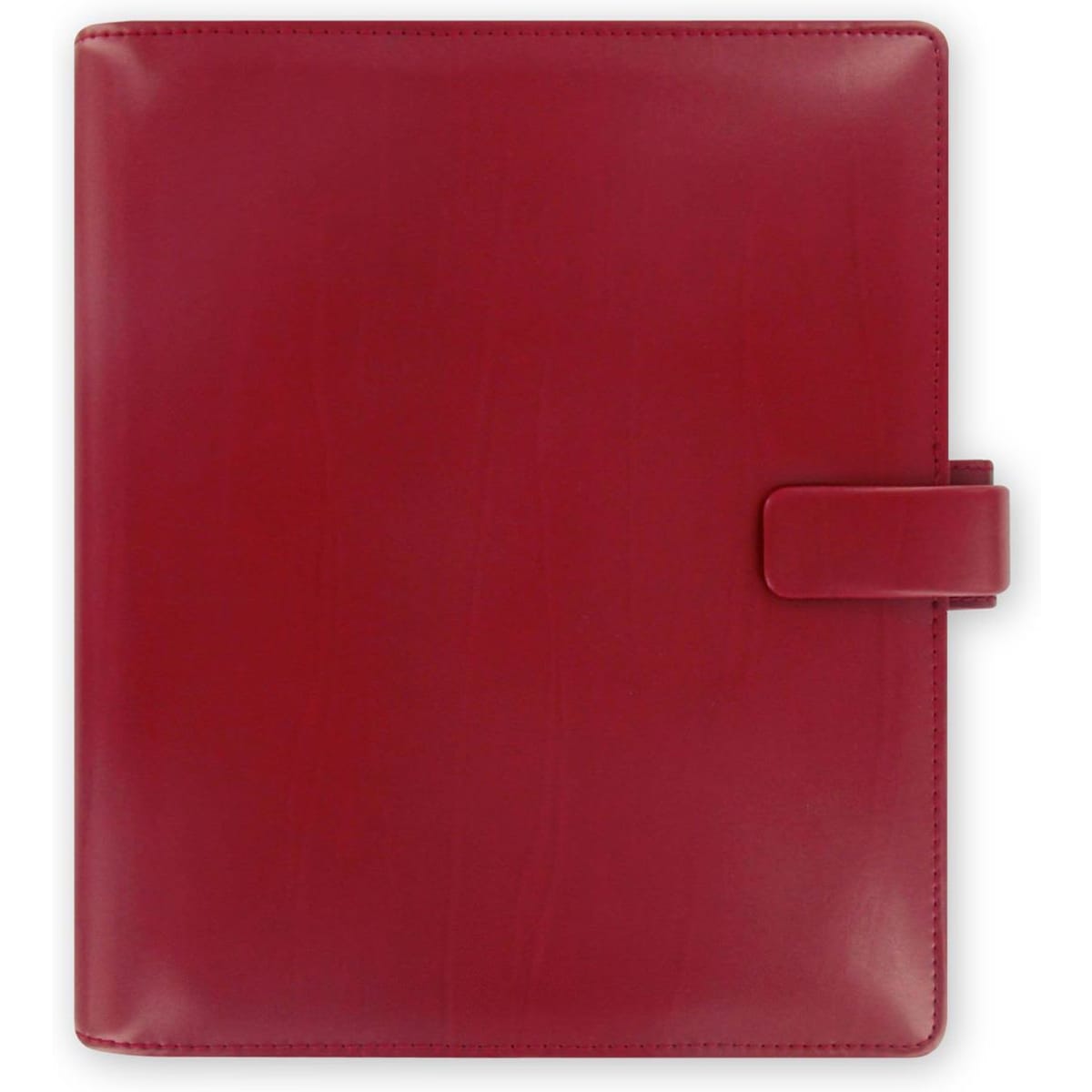 A red A5 organiser featuring a smooth surface and a secure closure. Includes a branding logo.
