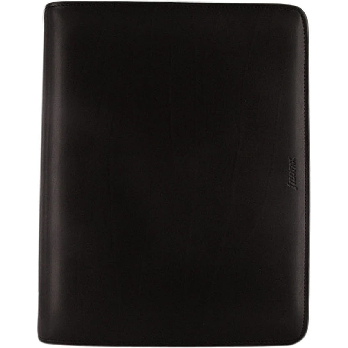 A black A5 organiser with a smooth finish, featuring a logo on the front. Ideal for office and business use.