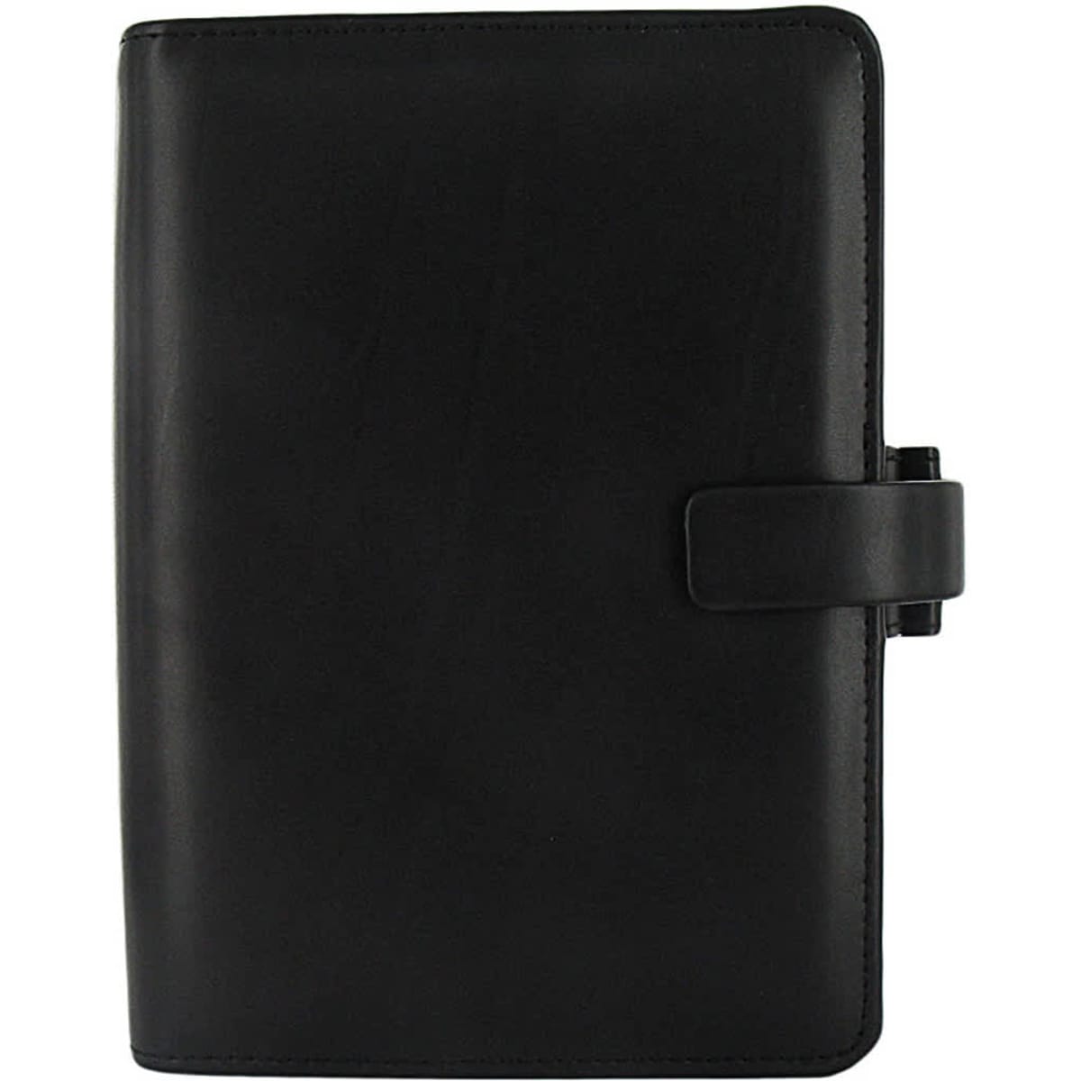 A black organiser in a sleek design, featuring a clasp closure and a smooth finish. It includes a branding logo.
