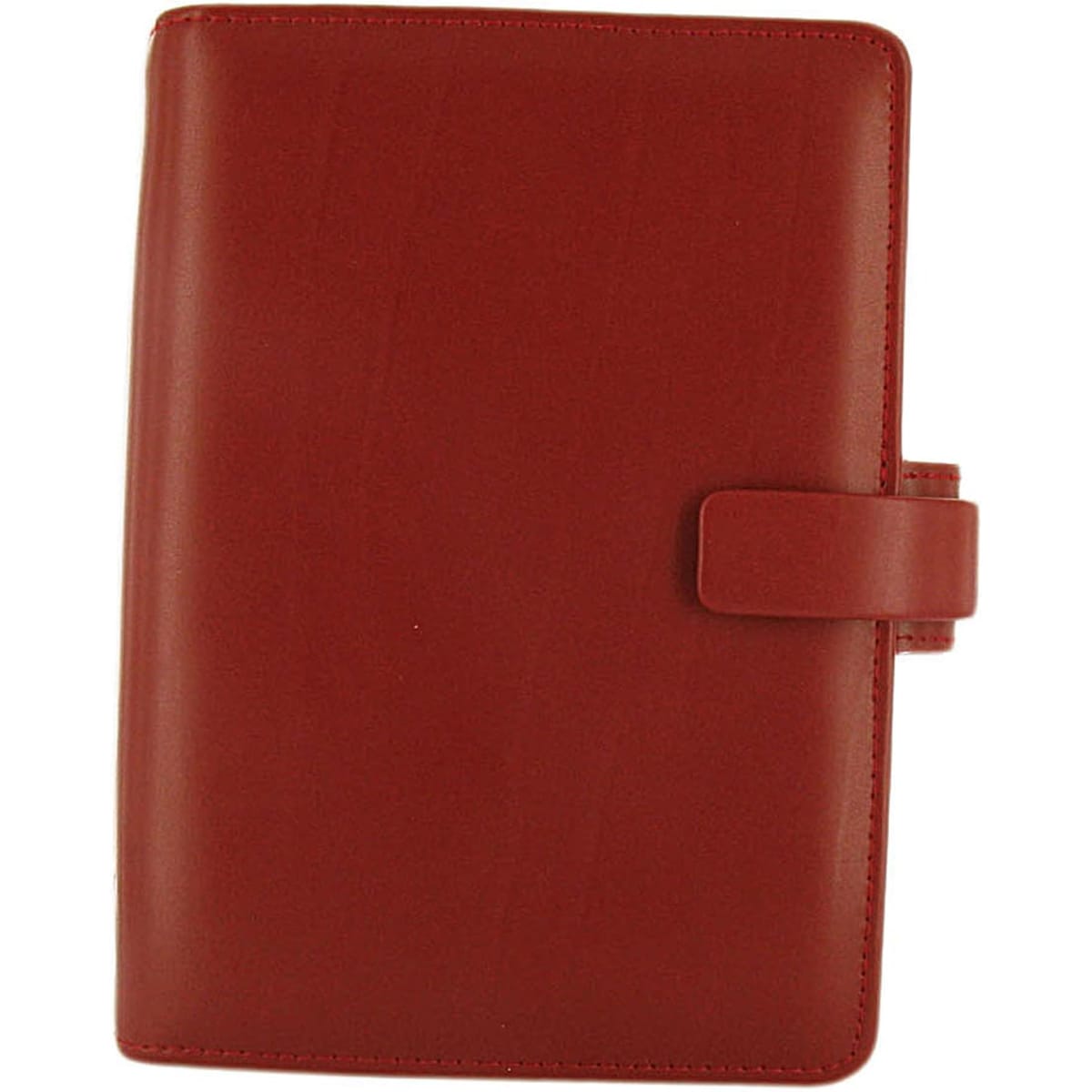 A red organiser with a smooth finish and a clasp closure. Features a logo on the front.