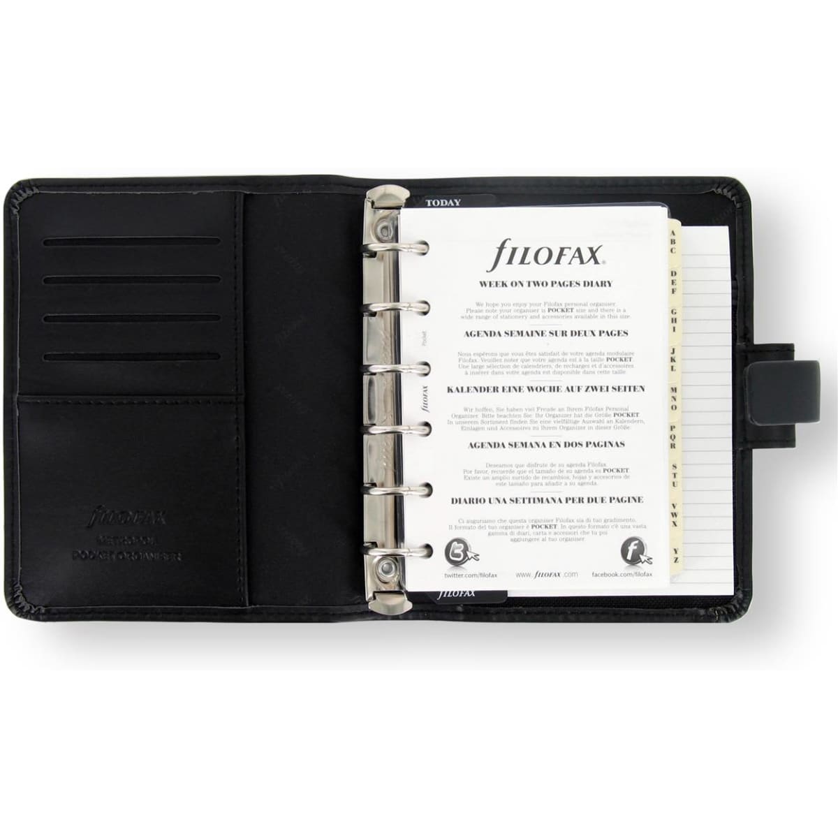 A black organiser with a ring binder mechanism, featuring slots for cards and a notepad inside.
