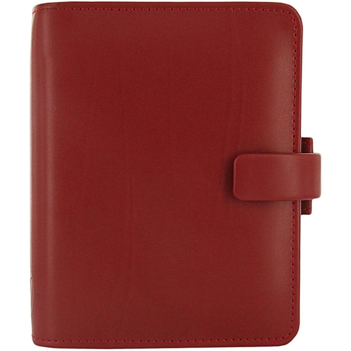 A red organiser with a clasp closure and a smooth finish, featuring branding on its surface.