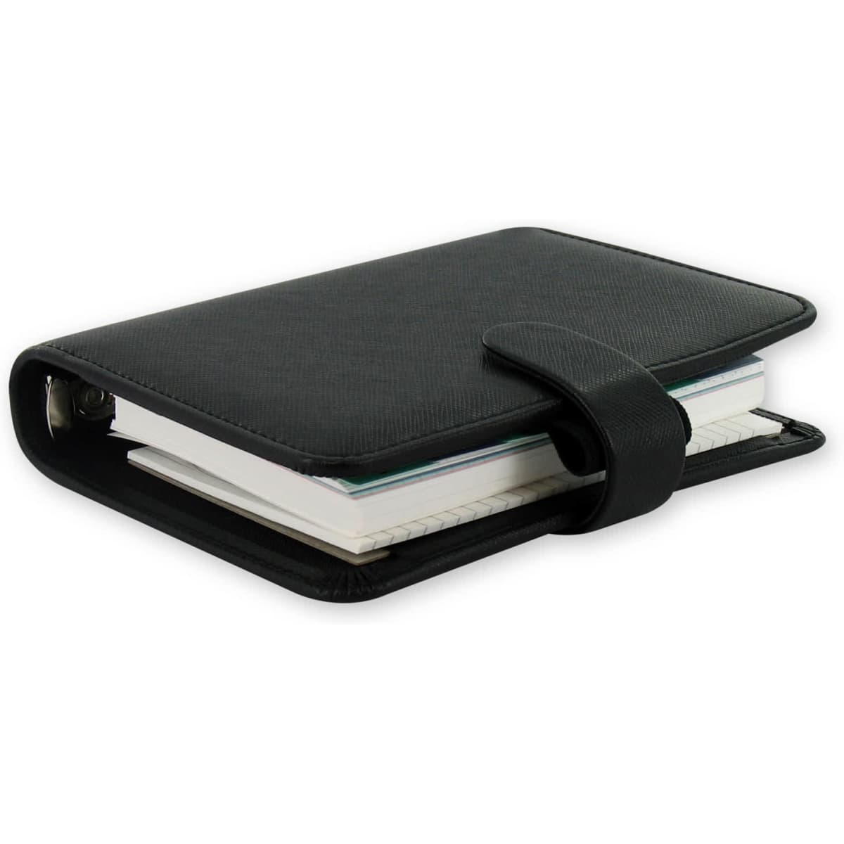 A black Saffiano pouch organiser featuring a clasp, with notepads visible inside. It has a sleek, professional design.