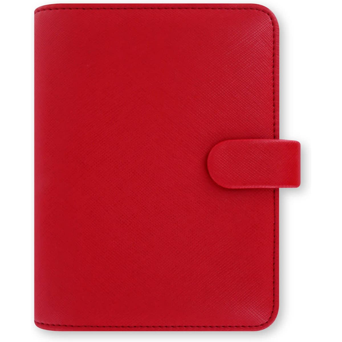 A compact organiser in poppy red with a secure closure and textured finish, featuring a logo on the front.