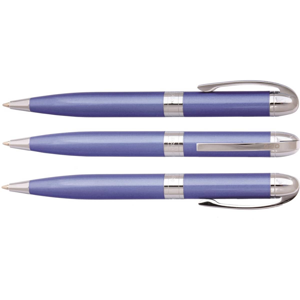 A set of three lavender pens with silver accents, featuring a sleek design and a logo on the barrel.