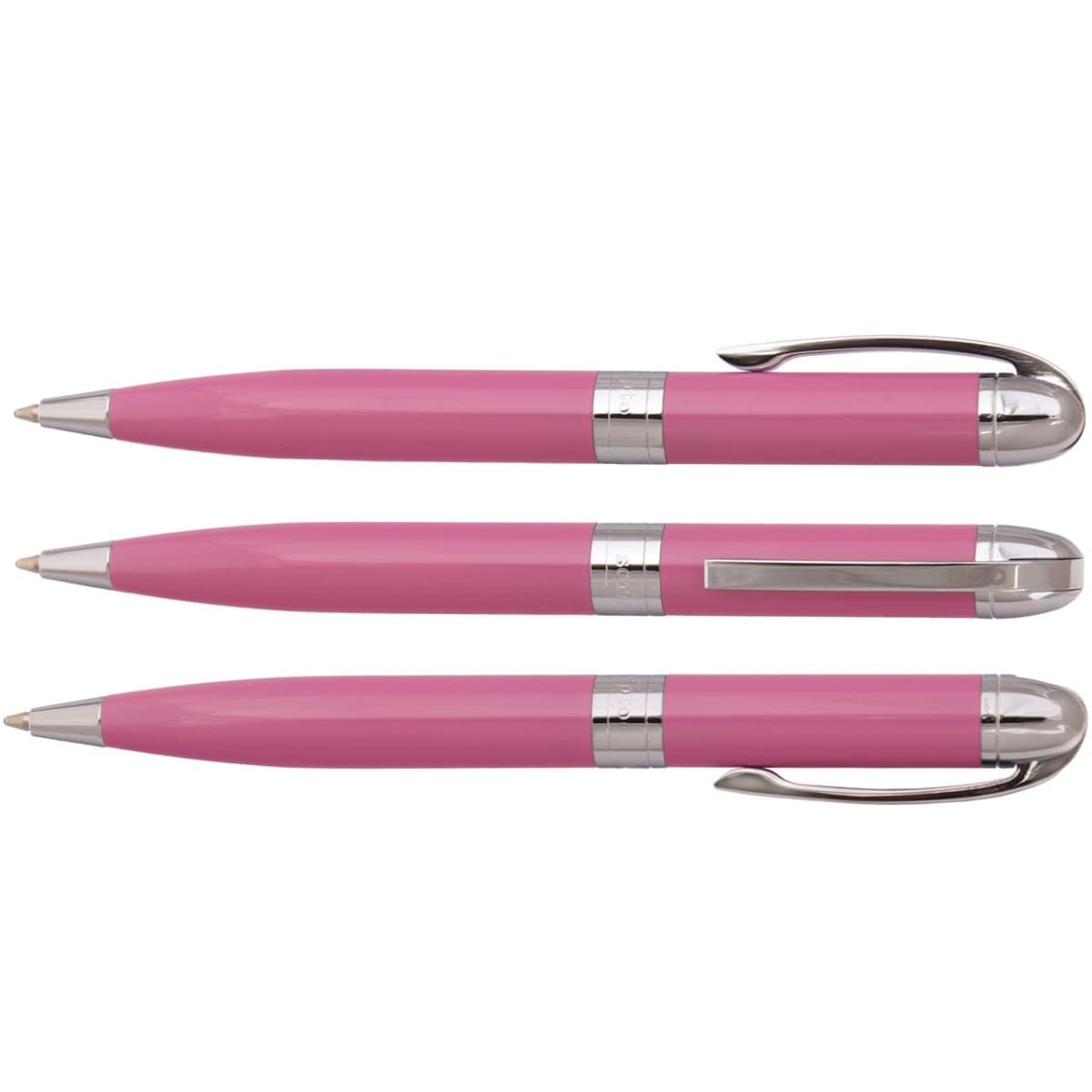 A set of three pink pens with silver accents and different designs, featuring a brand logo.