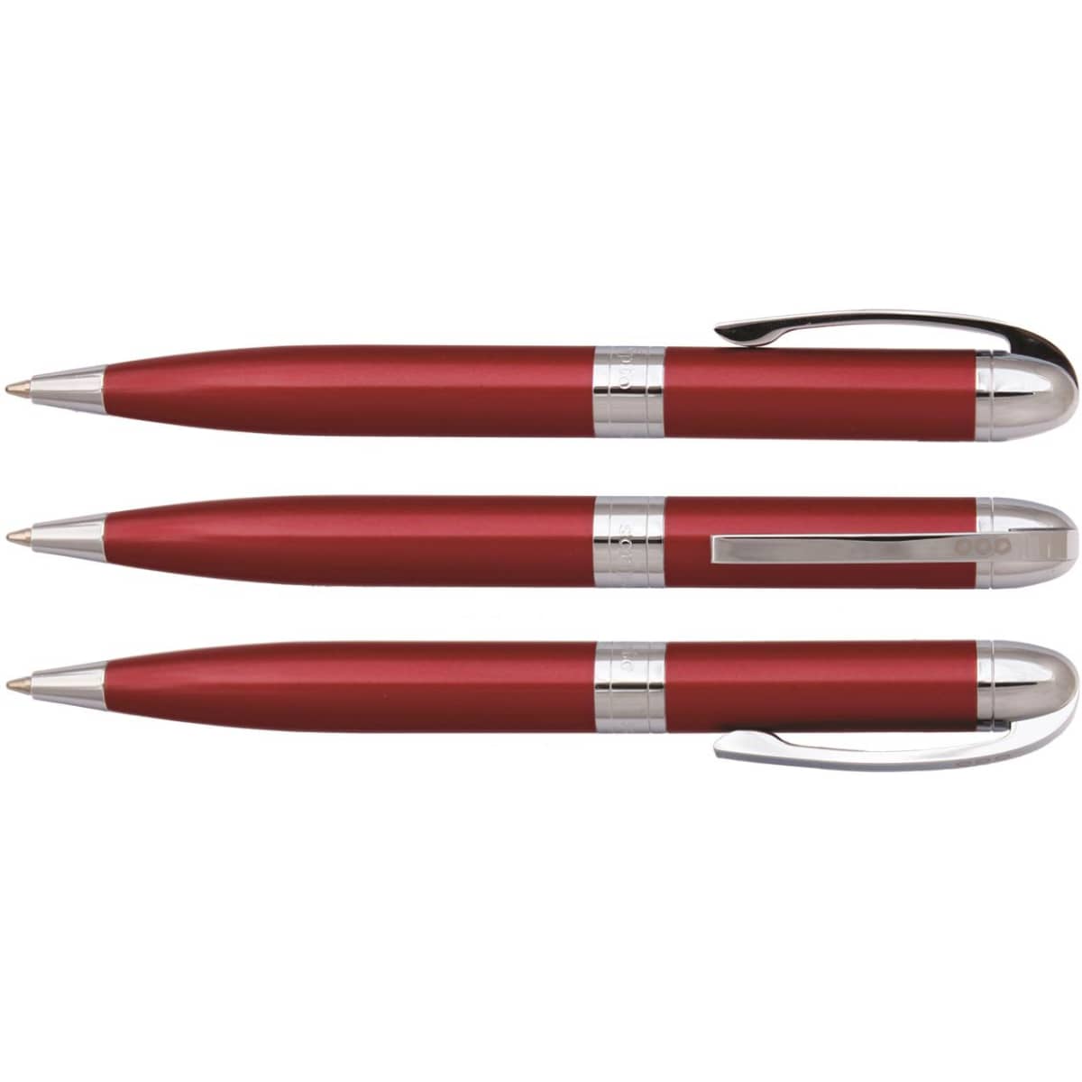 A set of three red pens with metallic accents and clips, featuring a logo on each pen.