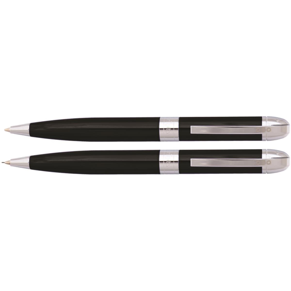 A set of black and chrome pens, featuring a sleek design and a shiny finish. Includes a logo on the pen body.