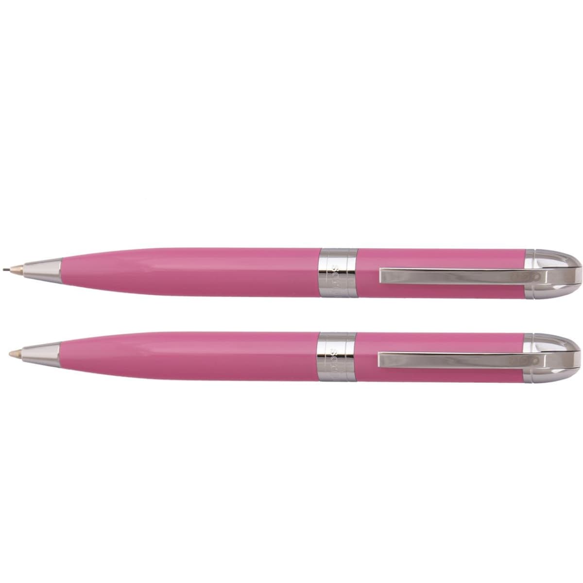 A pink pen set featuring two sleek pens with silver accents, displayed side by side.