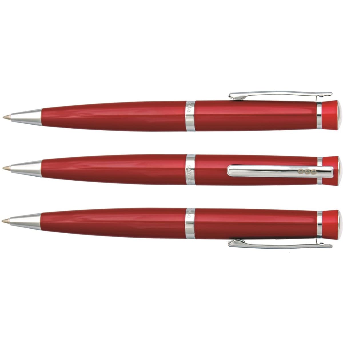 A set of three sleek red ballpoint pens with silver accents and a logo.