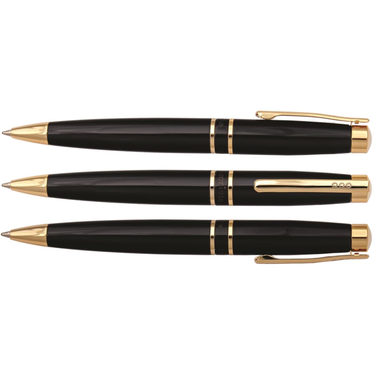 A collection of three black pens with gold accents, featuring a simple and elegant design. Each pen has a logo on it.
