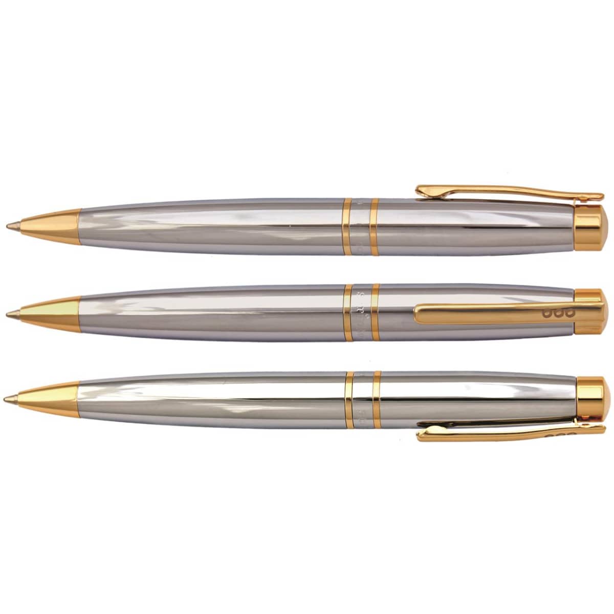 Three pens in silver and gold, featuring a sleek design with gold accents and clips, arranged in a row.