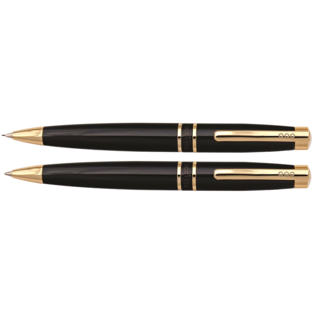 A black and gold pen set featuring a ballpoint and mechanical pencil, both with a sleek design and branding.