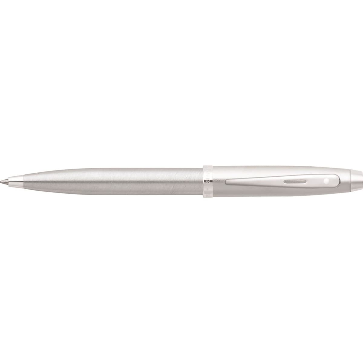 A brushed chrome ballpoint pen with a sleek design and a branding logo on the body.