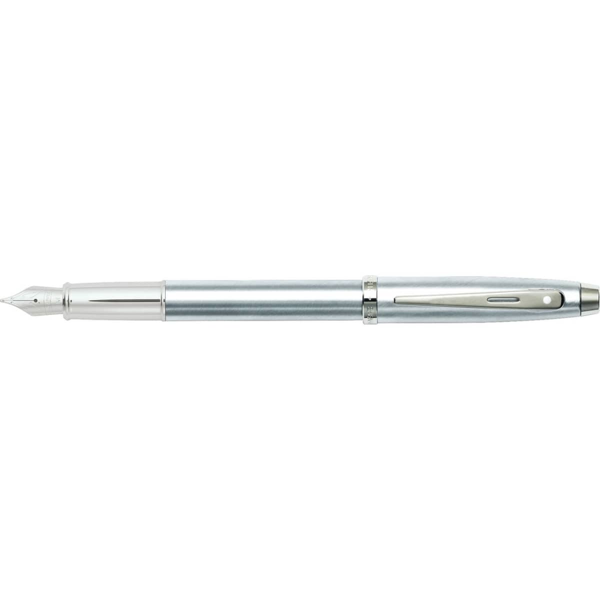 A silver and chrome fountain pen with a sleek design and a fine nib, featuring a branding logo.
