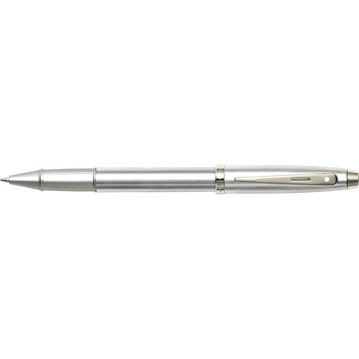 A brushed chrome ballpoint pen with a sleek design and a silver clip, featuring a logo on the body.