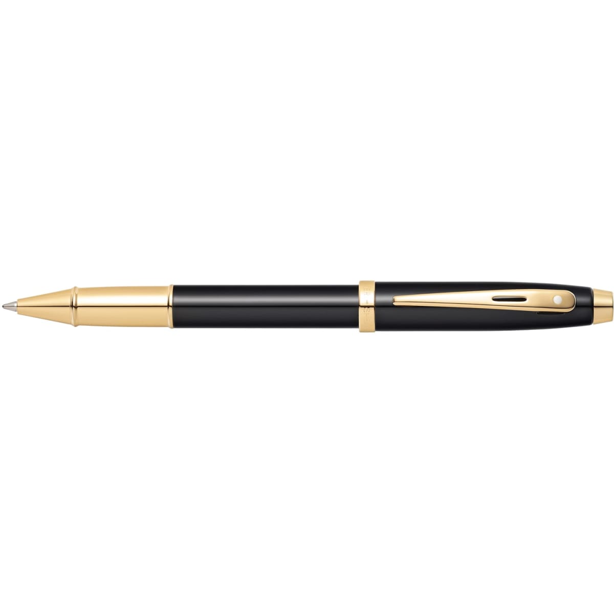 A glossy black and gold rollerball pen, featuring a sleek design and a branding logo.