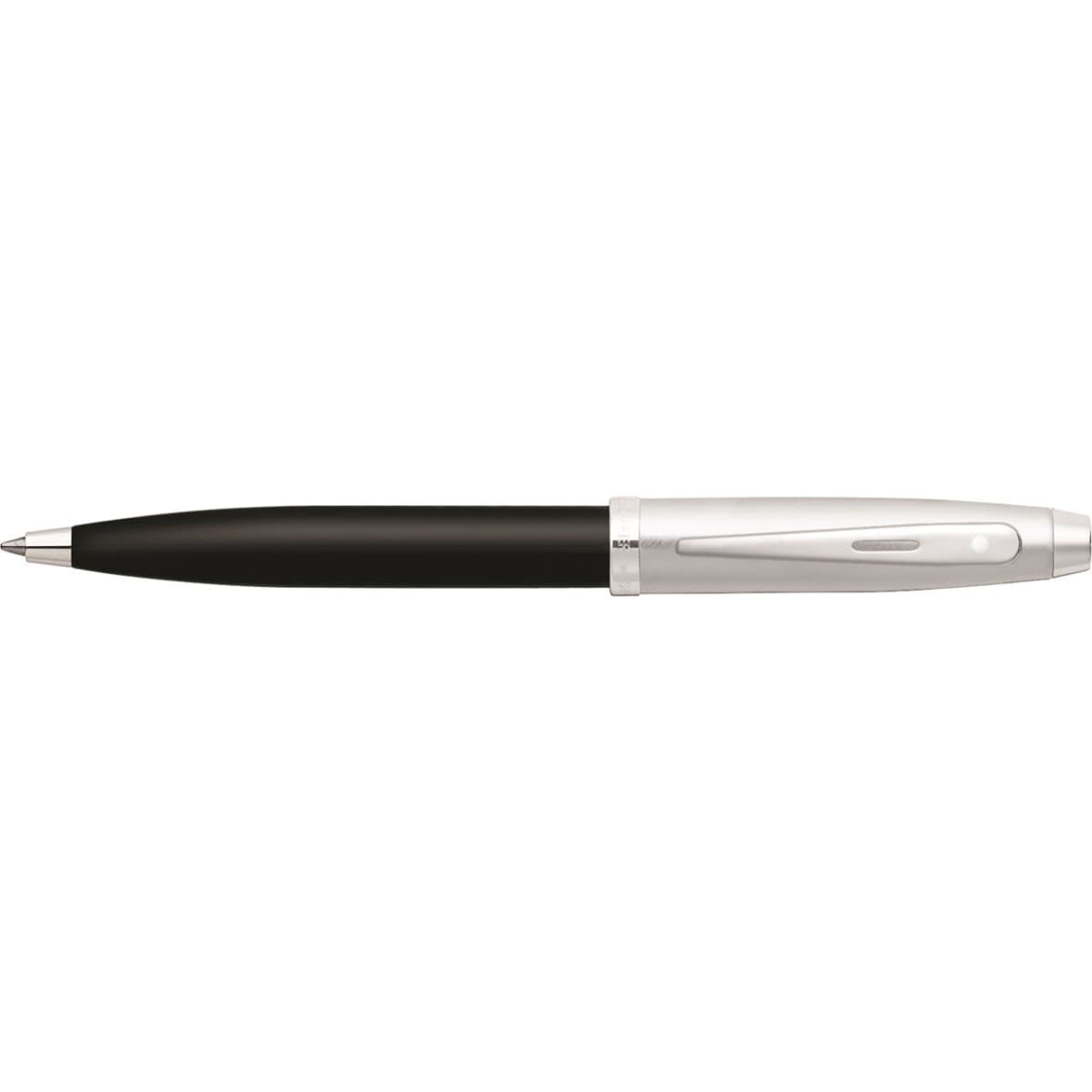 A glossy black and chrome ballpoint pen with a nickel trim and a branded logo.