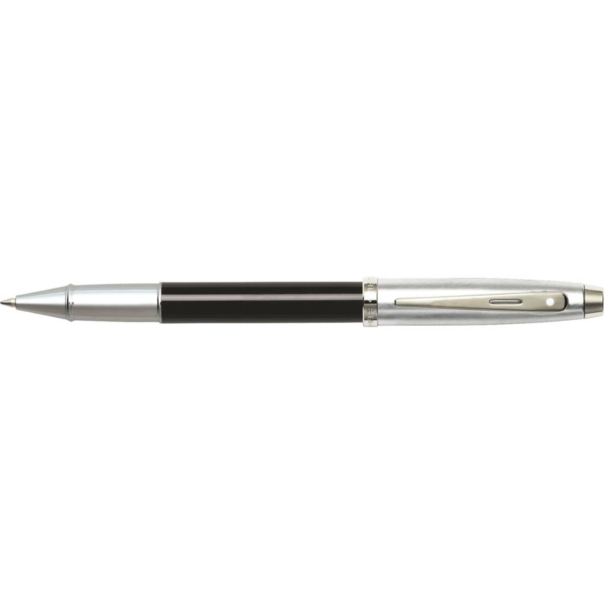 A glossy black and chrome pen with a nickel finish and a sleek design. It features a clip and a branding logo.