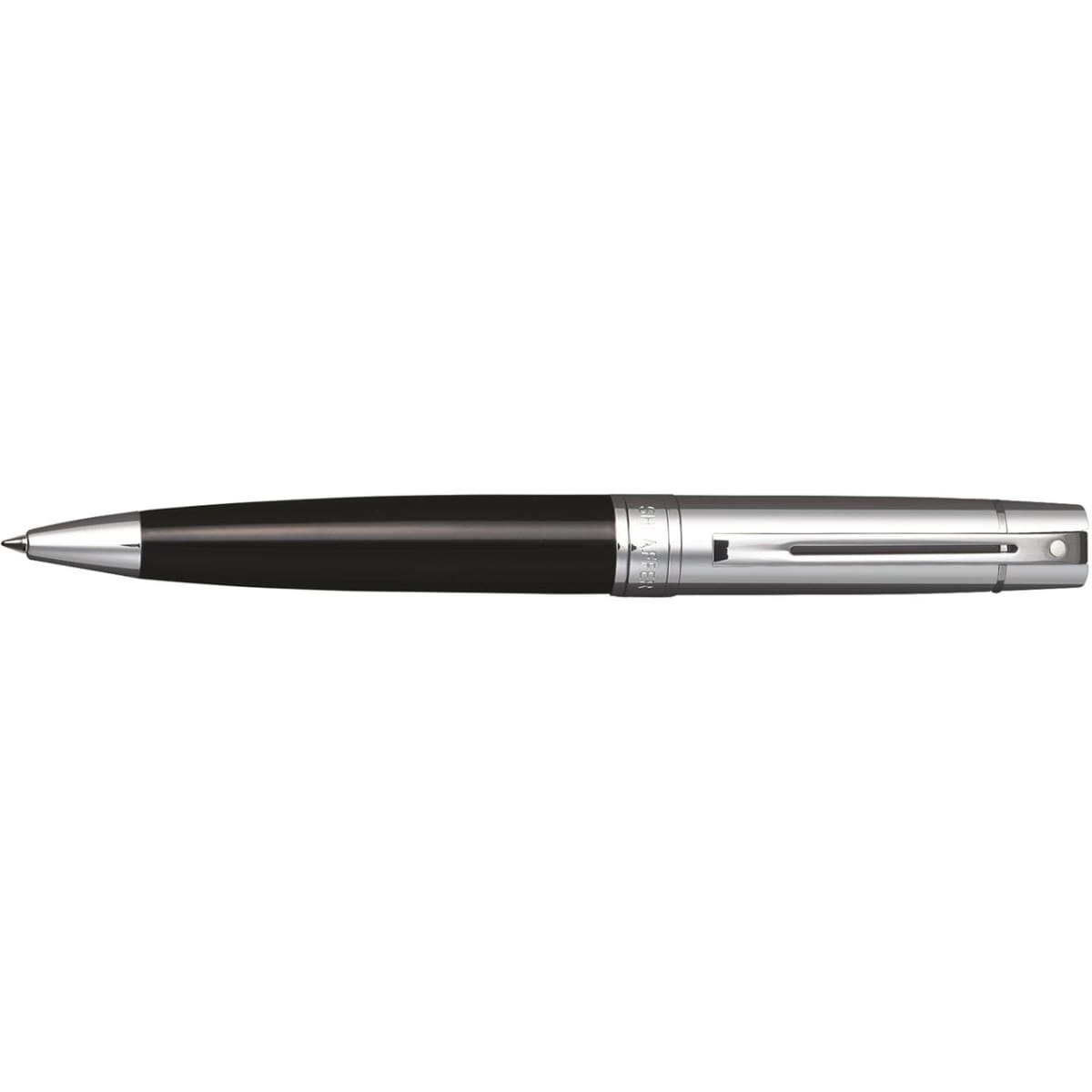 A sleek black pen with a glossy finish and chrome accents, featuring a brand logo.
