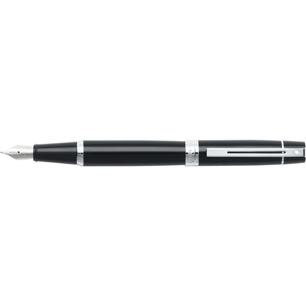 A fountain pen in glossy black with chrome accents, featuring a sleek design and a silver clip.