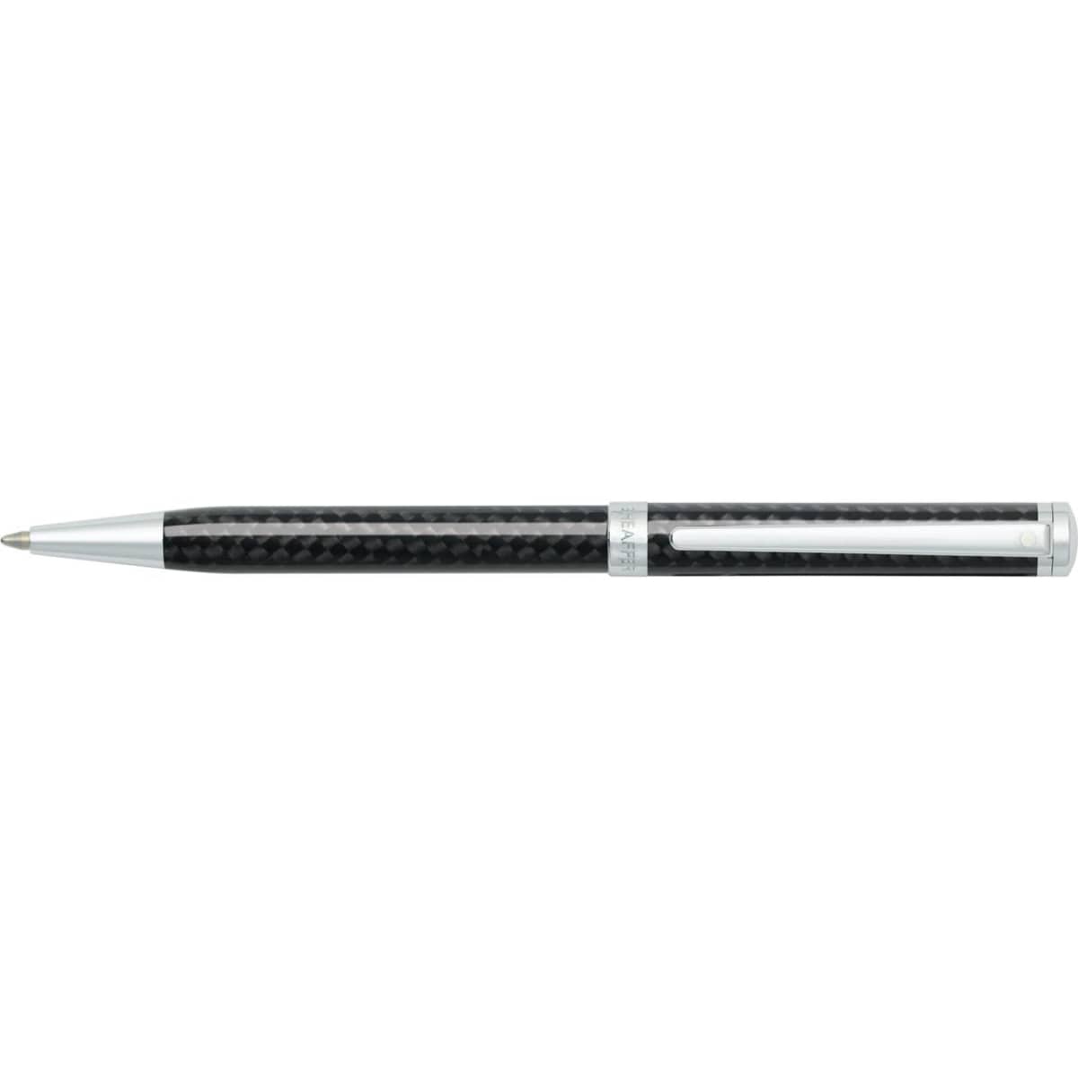 A ballpoint pen featuring a carbon fibre barrel and chrome accents, with a sleek, modern design.