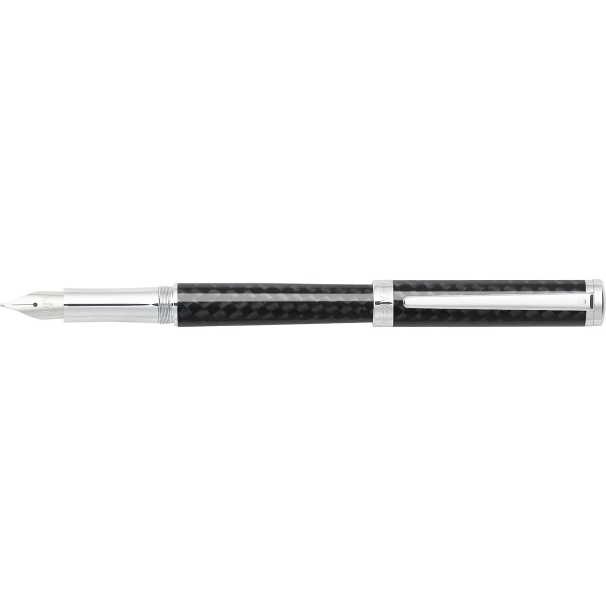 A fountain pen with a black carbon fibre body and chrome accents, featuring a silver nib and a branded logo.