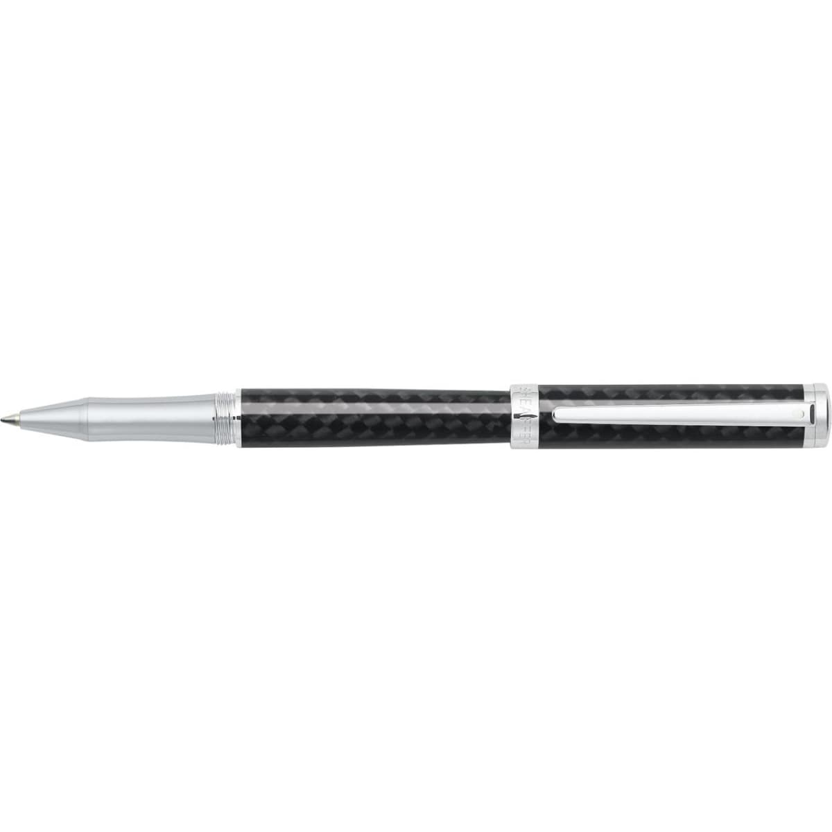 A rollerball pen featuring a carbon fibre shaft and chrome accents, with a sleek and modern design.