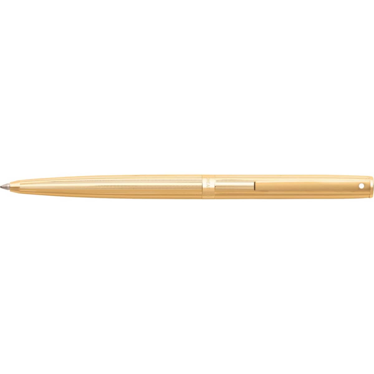 A gold fluted ballpoint pen with a sleek design and a branding logo, showcasing a polished finish.