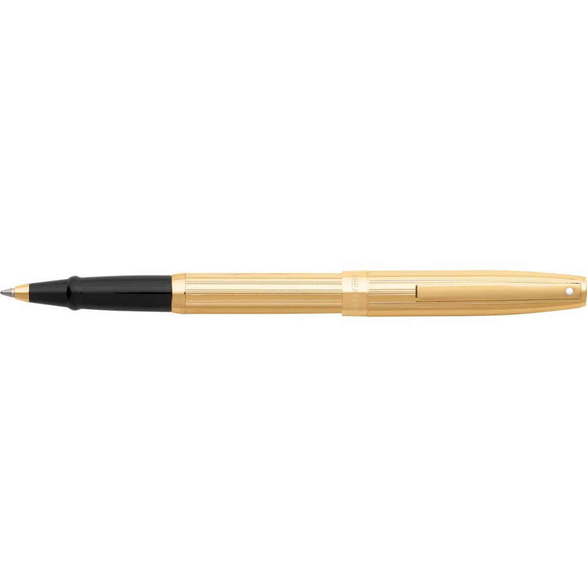 A gold rollerball pen with a fluted design and black accents, featuring a logo on the body.