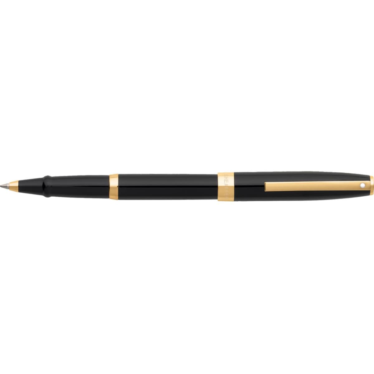 A pen in a sleek gloss black finish with gold trim and detailing, featuring a branding logo.