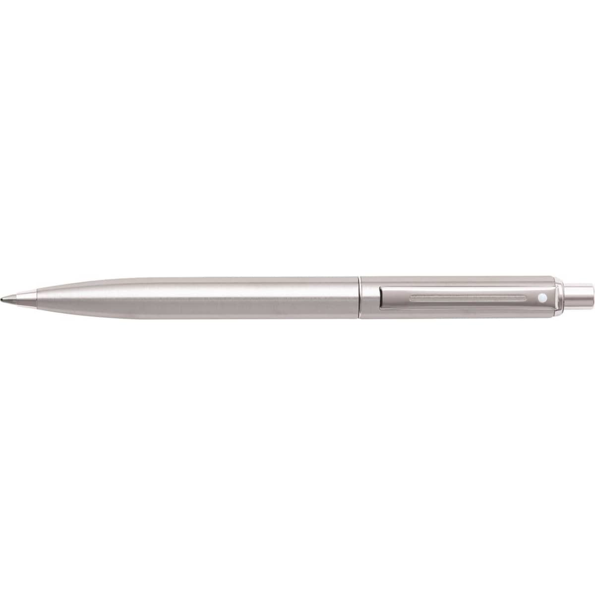 A brushed chrome ballpoint pen with a sleek design and a logo on its body.