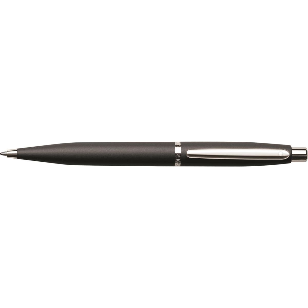 A ballpoint pen in matte black with a nickel accent, featuring a logo on the side.