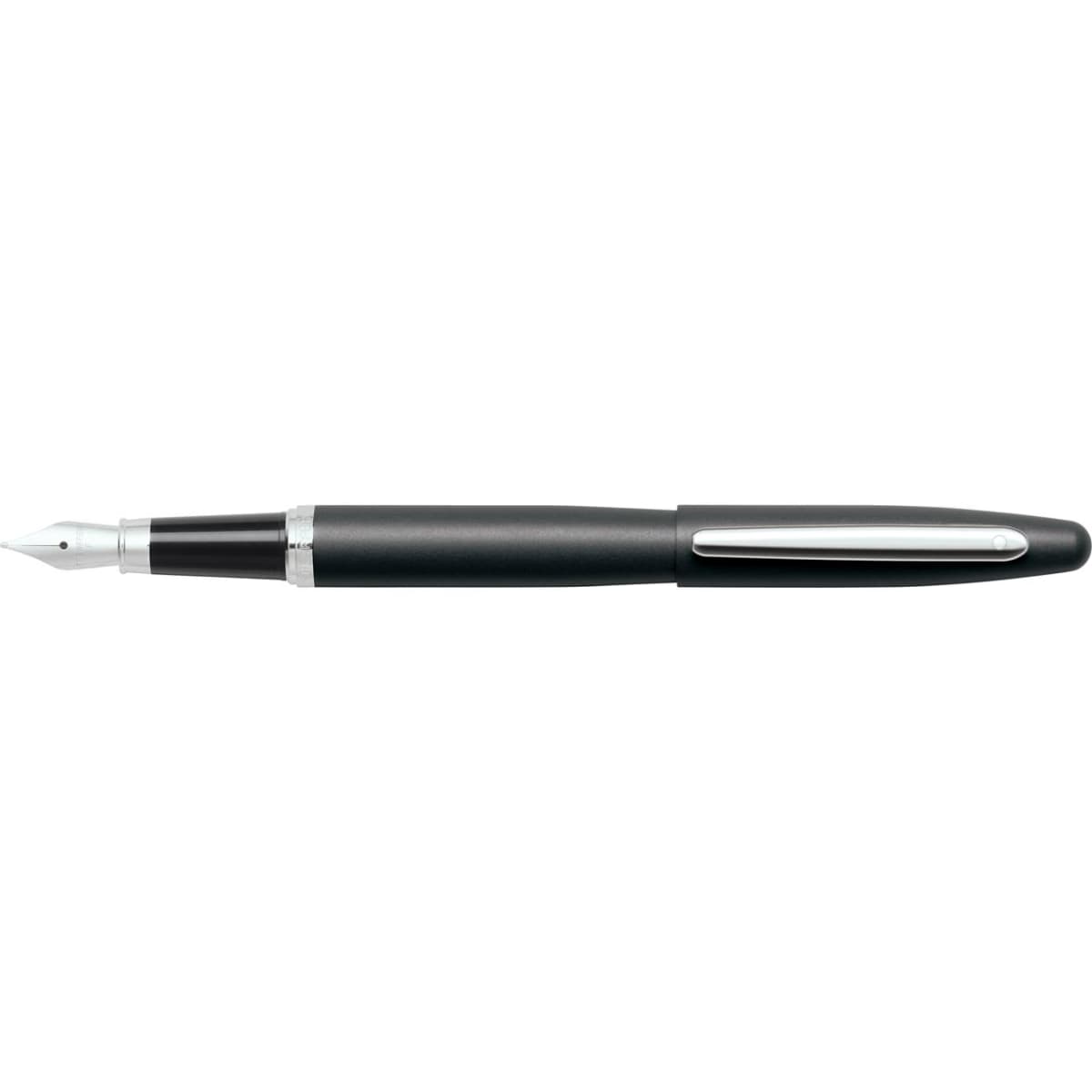 A fountain pen in matte black and nickel, featuring a sleek design and a silver clip, with a branding logo.