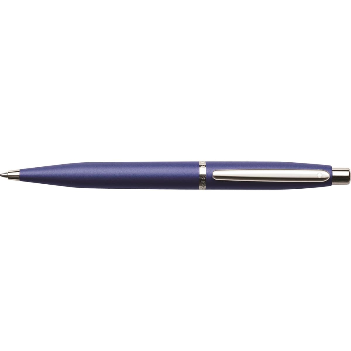A blue pen with a nickel trim, featuring a sleek design and a clip. It has a branding logo.