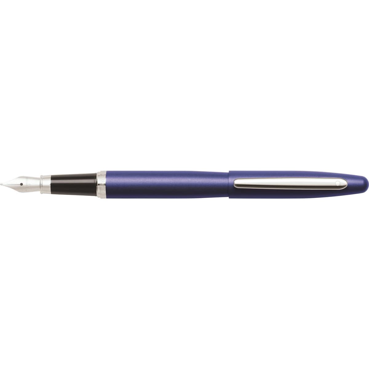 A fountain pen in neon blue and nickel finish, featuring a sleek design and a silver clip.