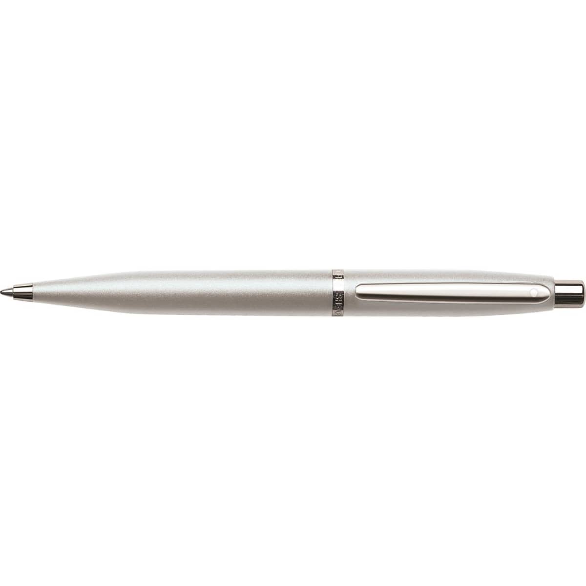 A silver and nickel ballpoint pen with a sleek design and a clip, featuring branding on its barrel.