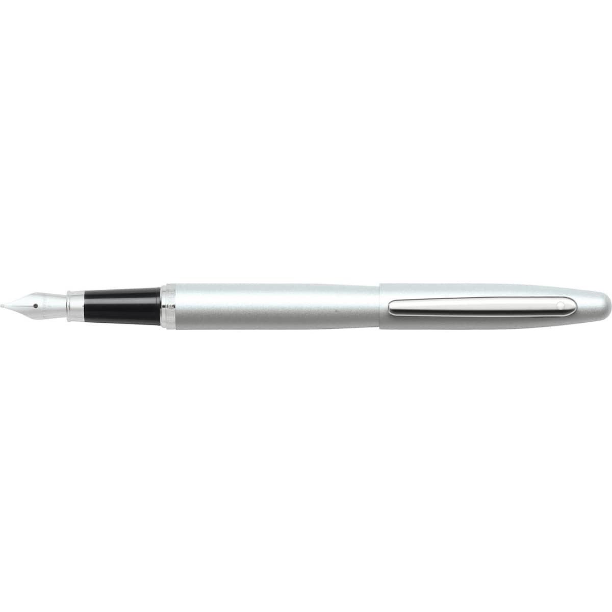 A silver and black fountain pen with a sleek design and a clip, featuring a logo on the barrel.