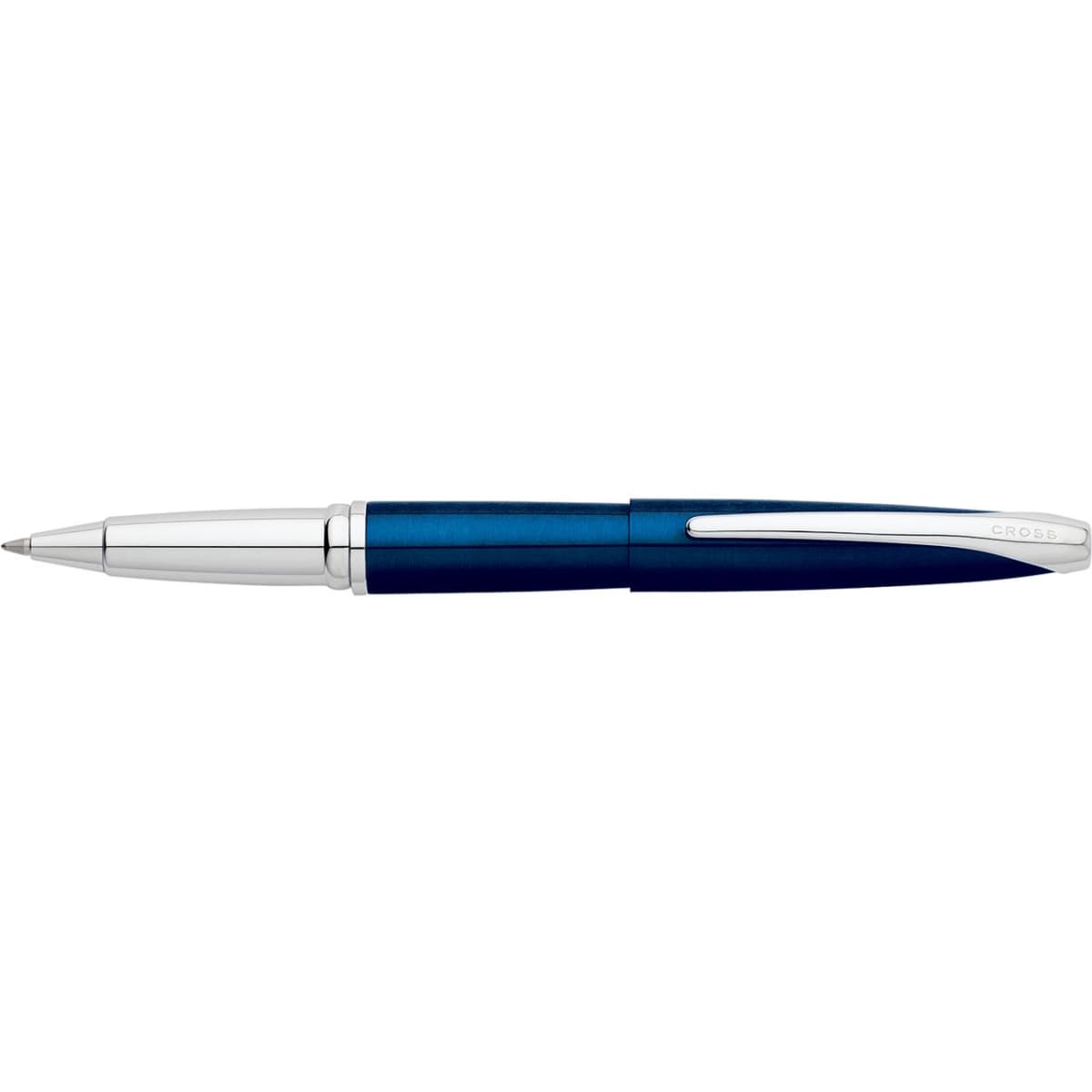 A pen featuring a translucent blue barrel and silver accents, with a logo on the side.