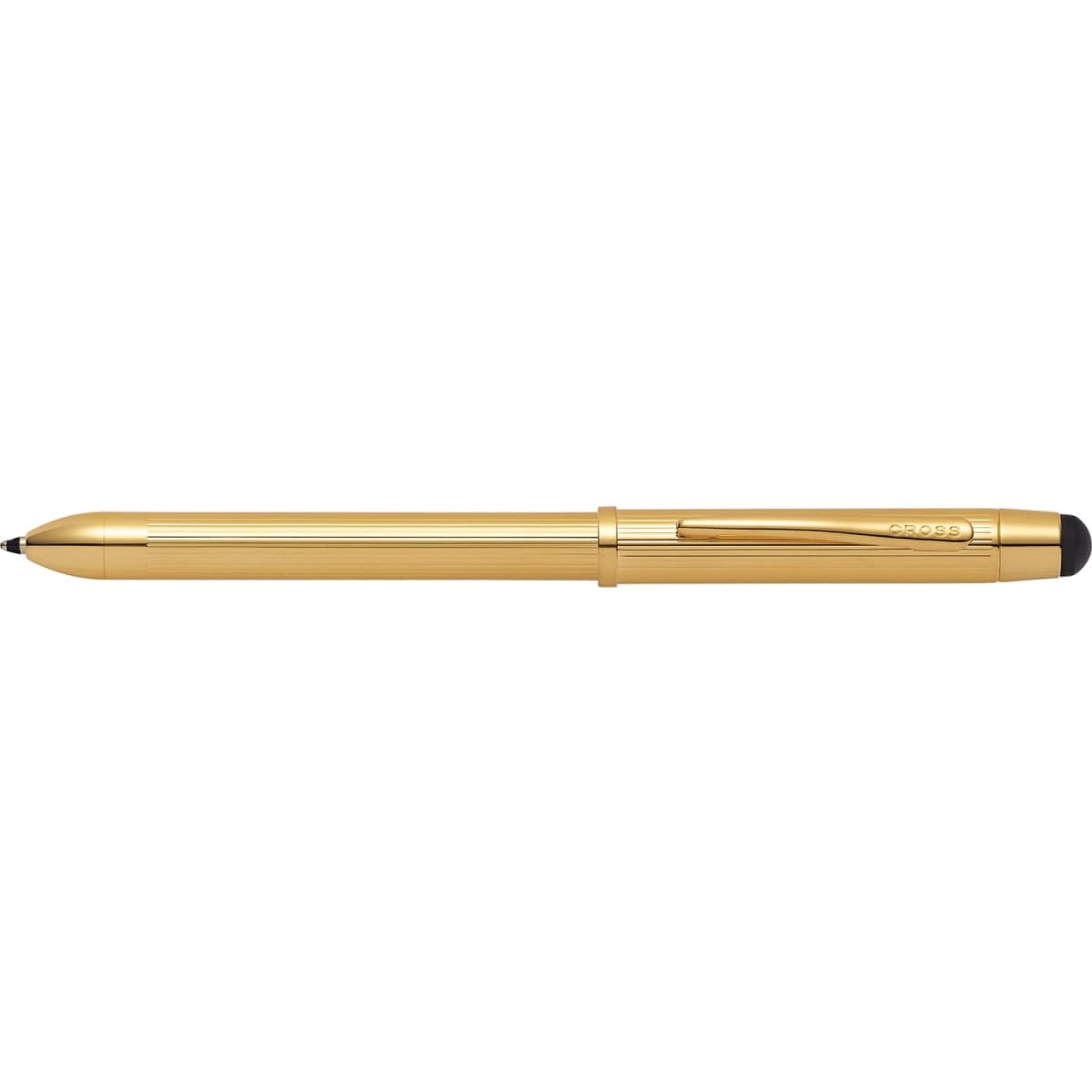 A gold multi-function pen featuring a stylus, with a sleek design and a clip for easy carrying.