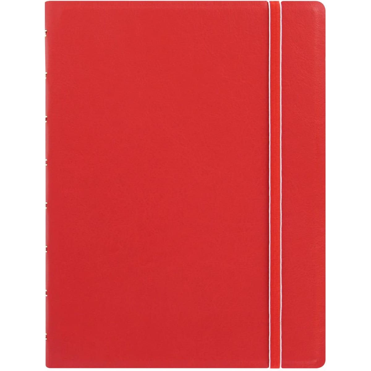 A red A5 notebook with a smooth cover and an elastic band, featuring a simple binding design and logo.