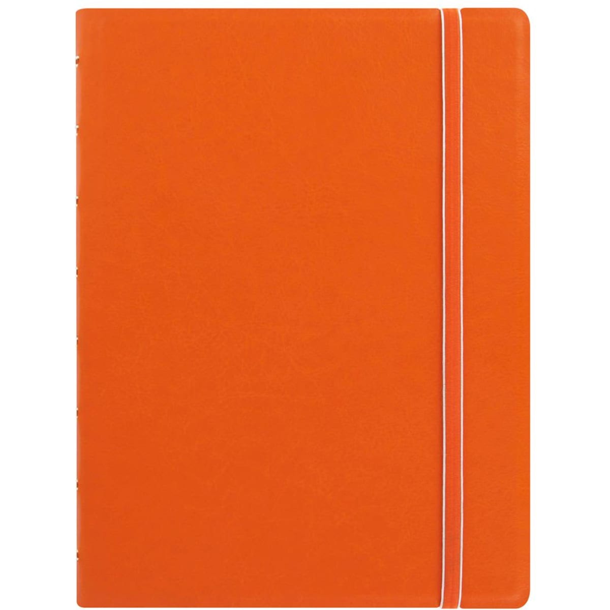 An A5 notebook in bright orange with a white elastic band, featuring a smooth cover and a logo.