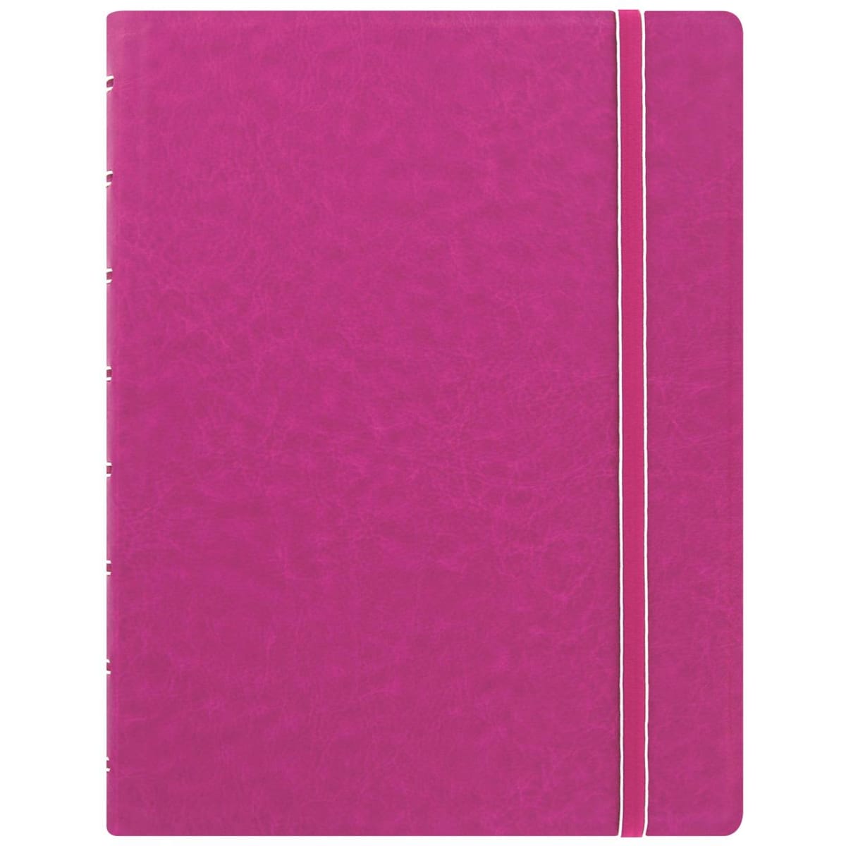 A fuchsia A5 notebook with a textured cover and elastic closure, featuring a logo on the front.