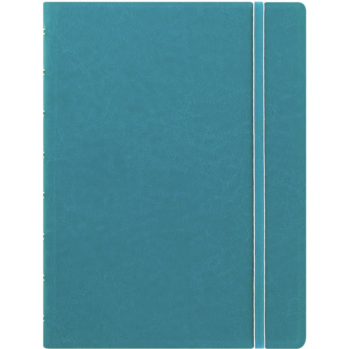 Aqua A5 notebook with a textured cover and an elastic band closure, featuring a logo on the front.