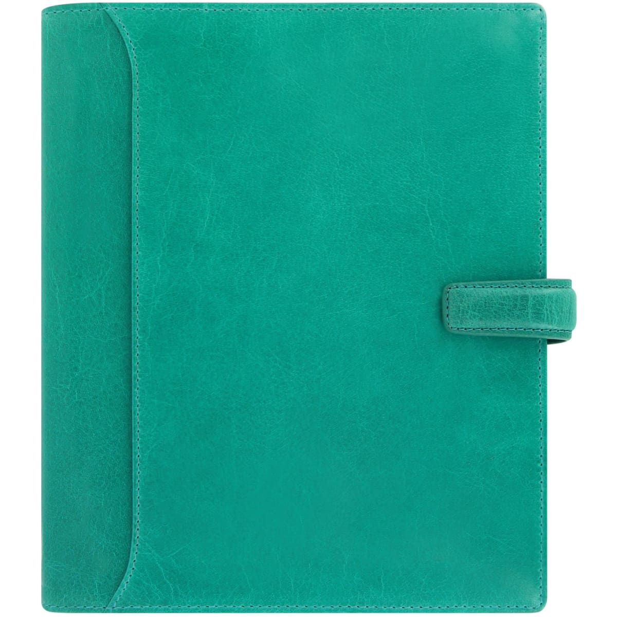 An aqua leather A5 organiser featuring a simple design and a secure closure. It includes a logo on the front.